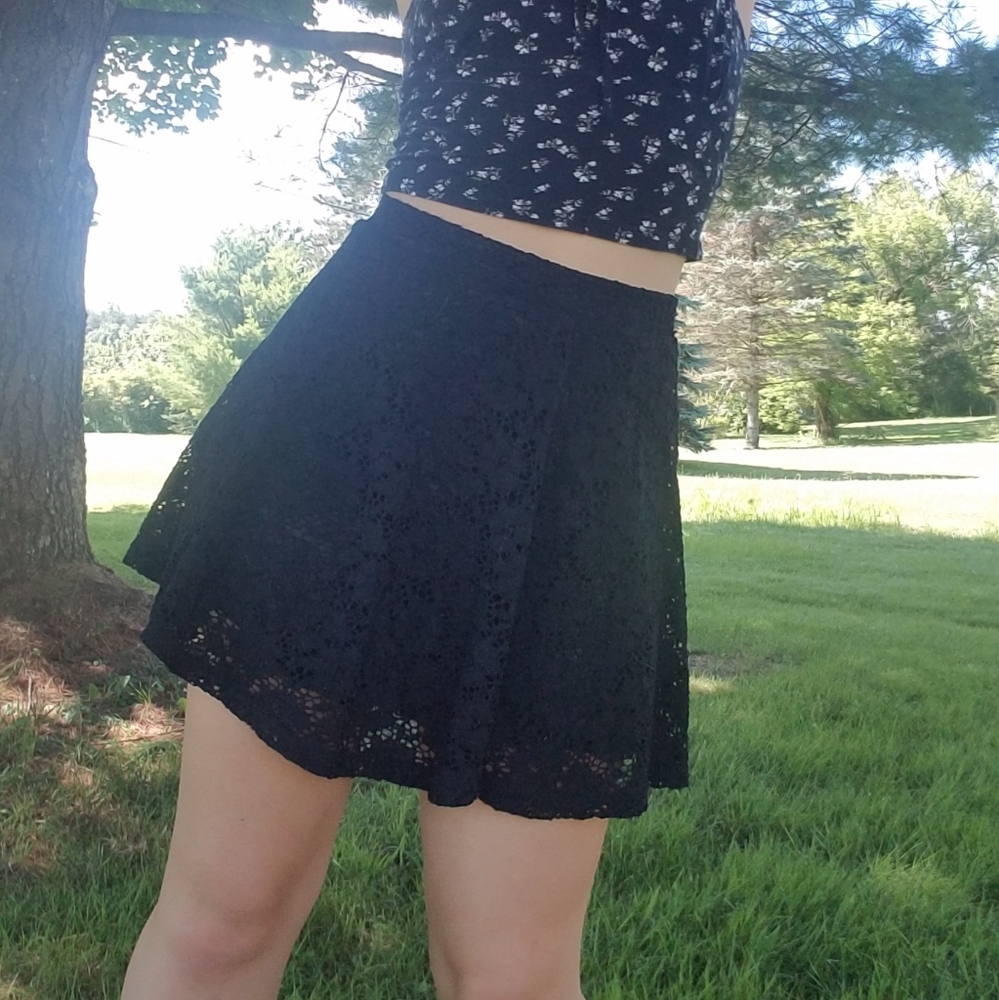 Black Floral Lace Skater Skirt